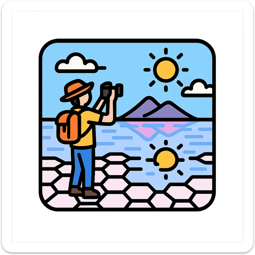 icon style of traveler taking photo in Uyuni desert, standing on salt crystals, wide sky and reflection, bright and wondrous feeling sticker