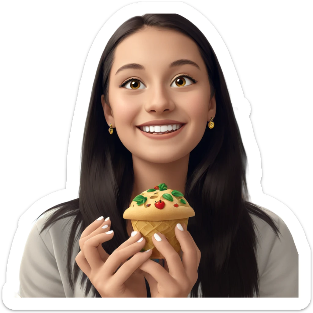 girl smiling with jewelry and food sticker