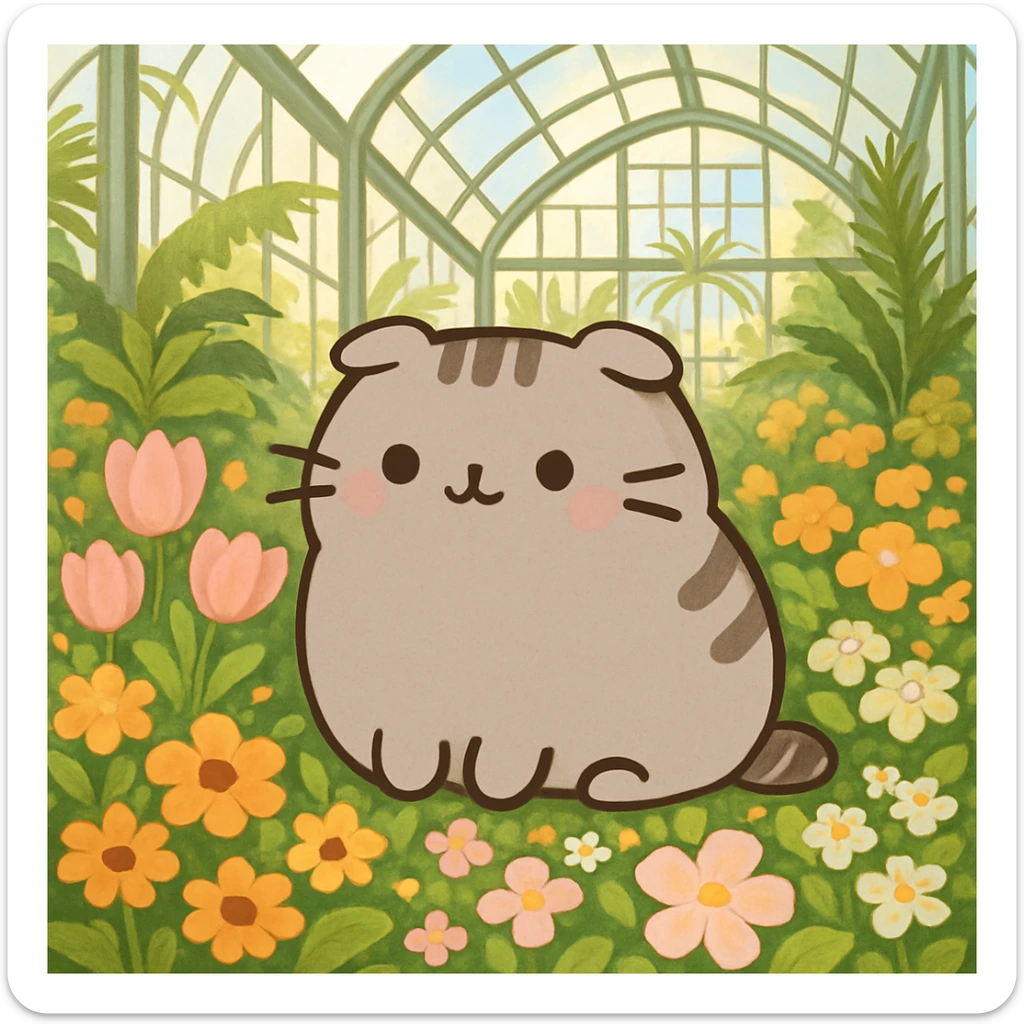 scottish fold pusheen cat surrounded by flowers in a botanical garden greenhouse sticker