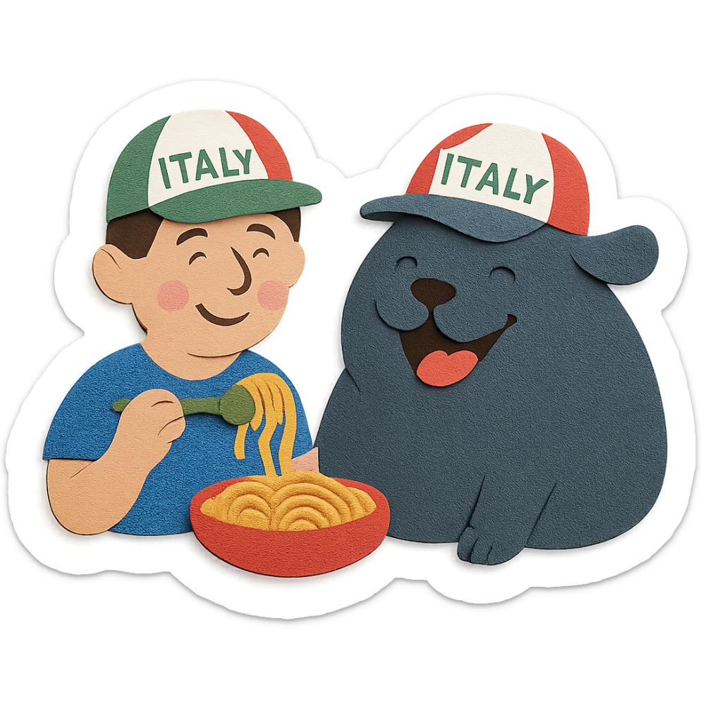 paper craft style guy in Italy eating pasta with a huge, happy, fat whale of a dog wearing an Italy hat sticker