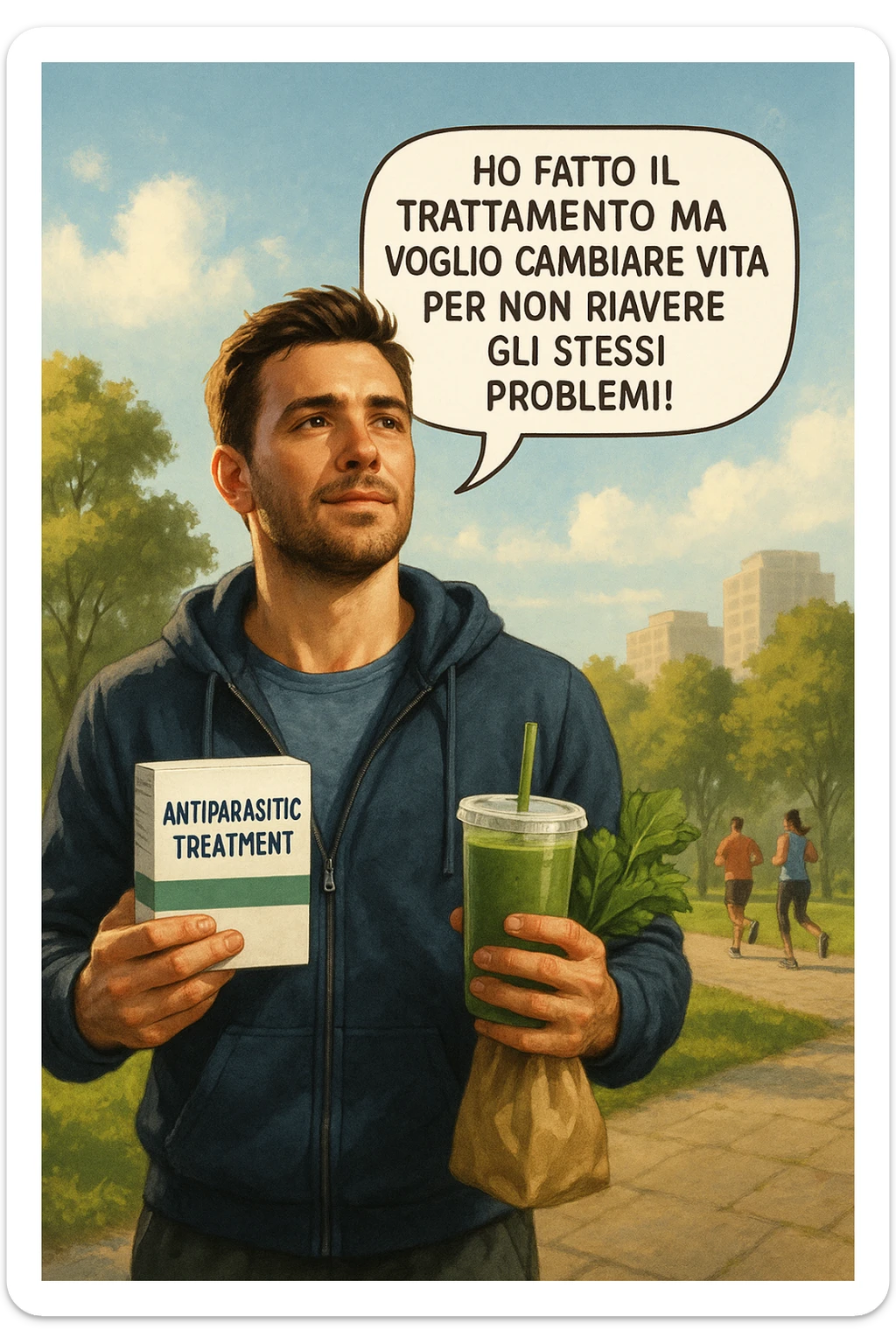 A realistic, cinematic illustration of a man in his early 30s with a determined and hopeful expression, standing outside under a bright morning sky, holding a small box labeled 'Antiparasitic Treatment' in one hand, while in the other hand he holds a fresh green smoothie or a bag of vegetables. A speech bubble near him says: ‘Ho fatto il trattamento ma voglio cambiare vita per non riavere gli stessi problemi!’ The man is wearing casual but clean and sporty clothing, symbolizing a fresh start, with the background showing a city park with green trees, morning light, and people jogging, indicating a healthy lifestyle. The atmosphere is bright, uplifting, and motivating, clearly illustrating the transition from treatment to lifestyle change to prevent future health issues. The style is realistic with warm tones, showing positive energy and commitment to change in italiano sticker