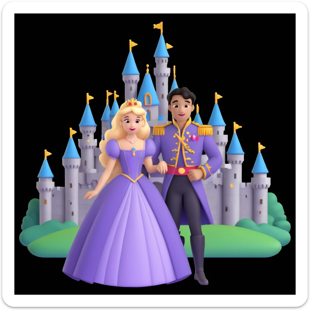 prince and princess Disney dress close up photo in castle background sticker