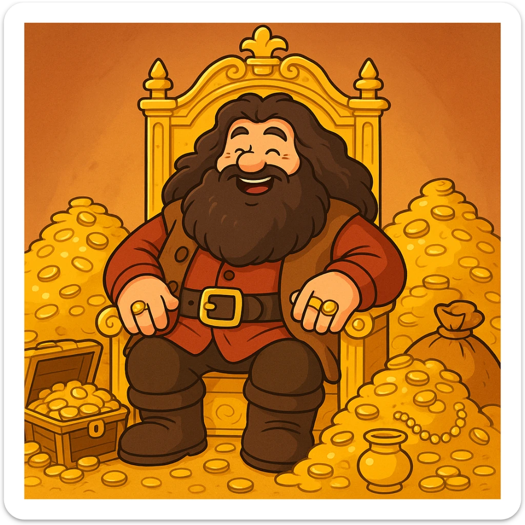 A cartoon Hagrid sitting on a throne made of gold, with piles of treasure around him, looking happy and rich, colorful, cartoon style sticker