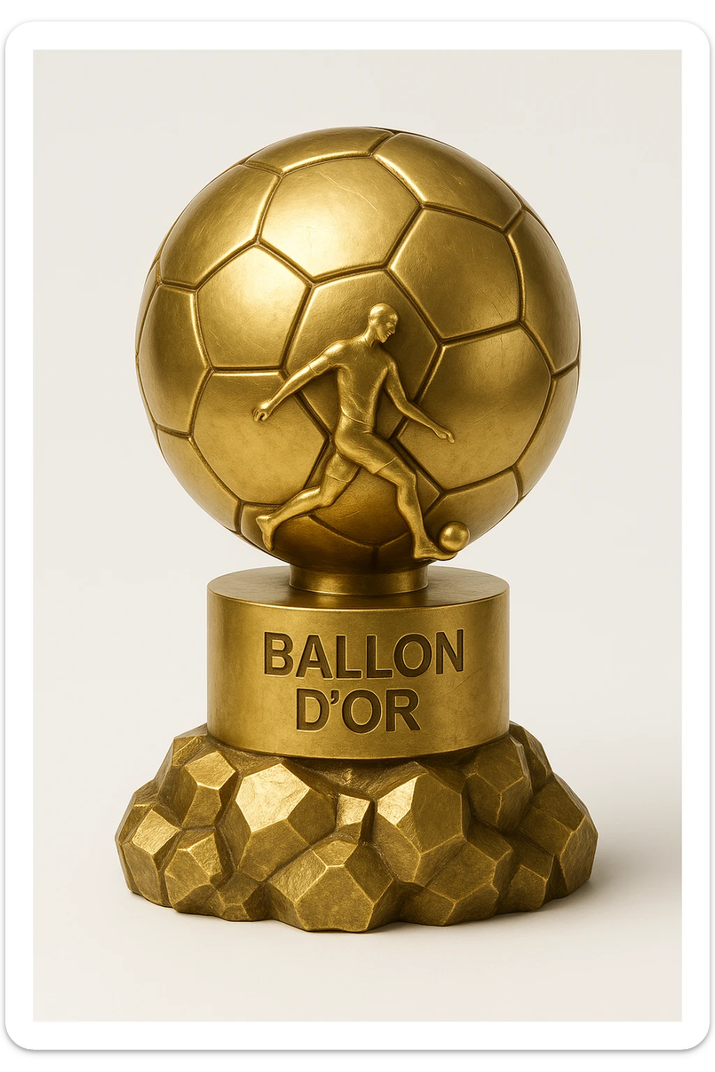 Add a footballer silhouette to the Ballon d'Or trophy, keeping a stylized cartoon gold look with sparkles and a simple background. sticker