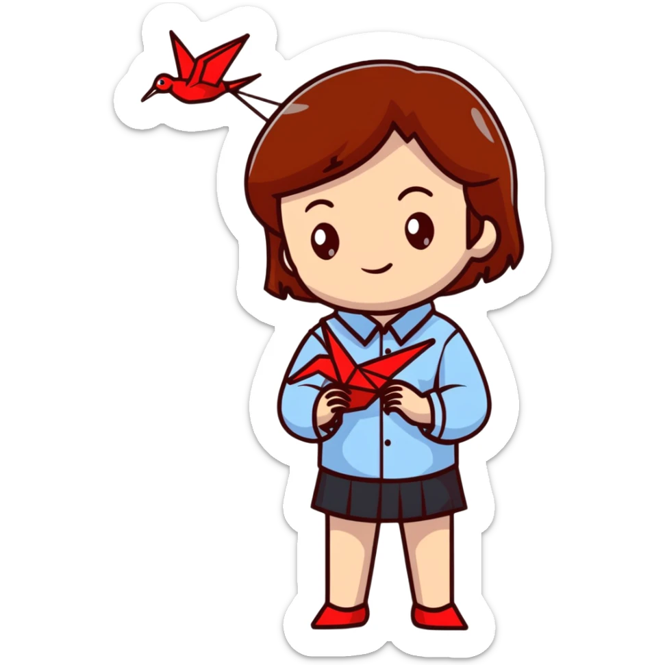 Ukrainian young girl with brown hair wearing an embroidered shirt holds an origami red crane sticker