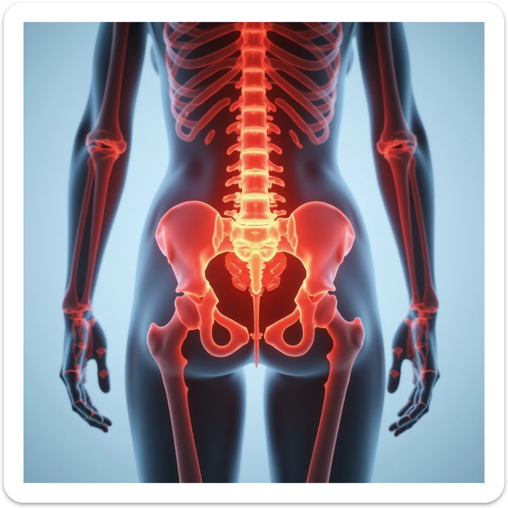 Anatomical view of piriformis muscle on a standing woman, highlighted in red in the gluteal region, bones and other muscles visible in transparency, frontal view, hyperrealism 4K, white background sticker