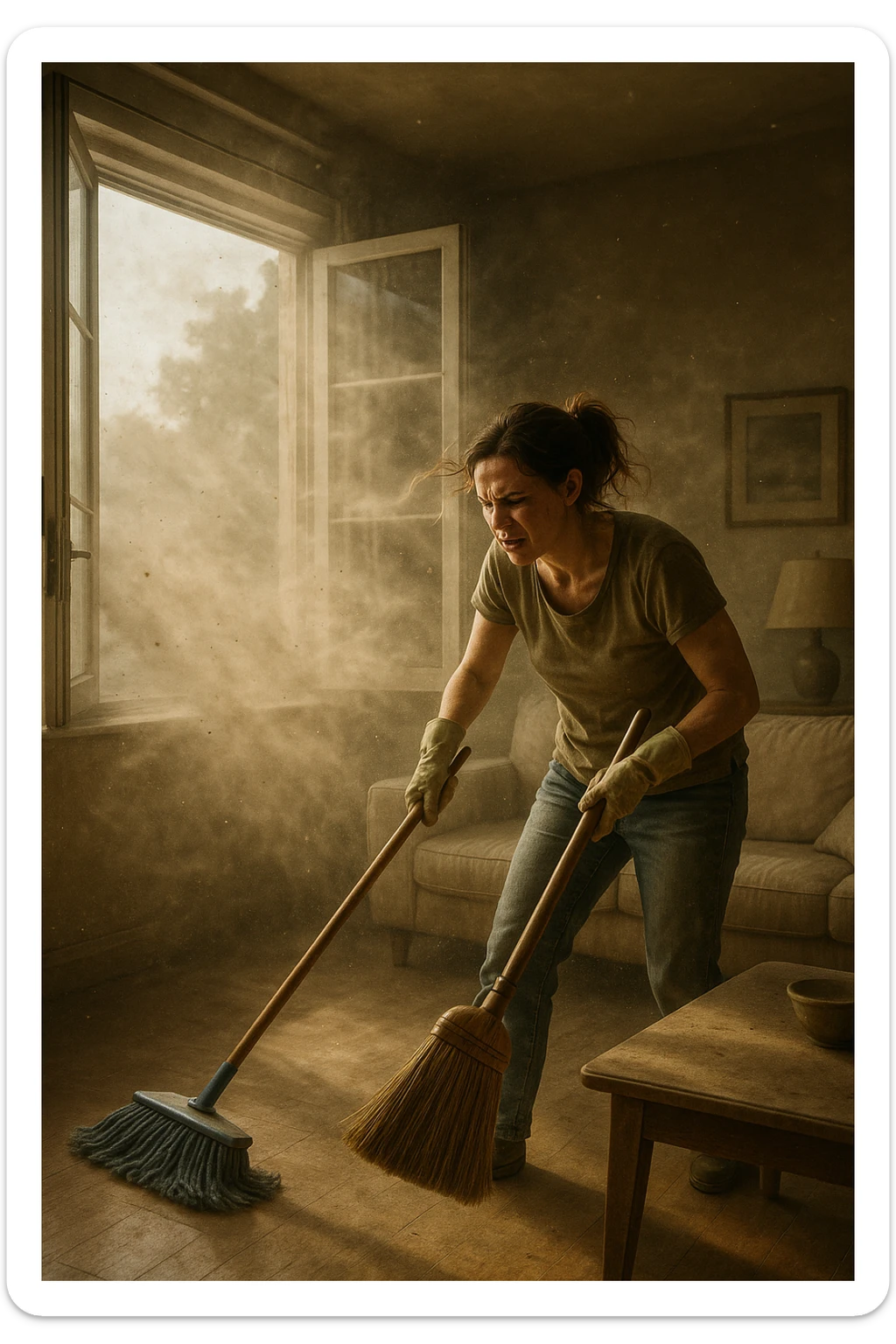A realistic, cinematic image of a person cleaning a living room with a mop and broom, windows wide open letting in a strong gust of wind. Through the open windows, thick clouds of dust, pollen, and small debris visibly swirl into the room, floating in sunbeams that highlight the particles in the air. The person looks frustrated and tired, mid-action sweeping but clearly battling the incoming dust. Around the room, some furniture and surfaces already show a thin layer of dust settling. The scene is bathed in natural daylight with a slightly hazy atmosphere due to the airborne dust. The color palette uses warm, muted tones emphasizing the contrast between cleanliness efforts and the stubborn dirt and dust invading the space. The focus is on the tension between trying to clean and the unavoidable mess coming in from outside. sticker