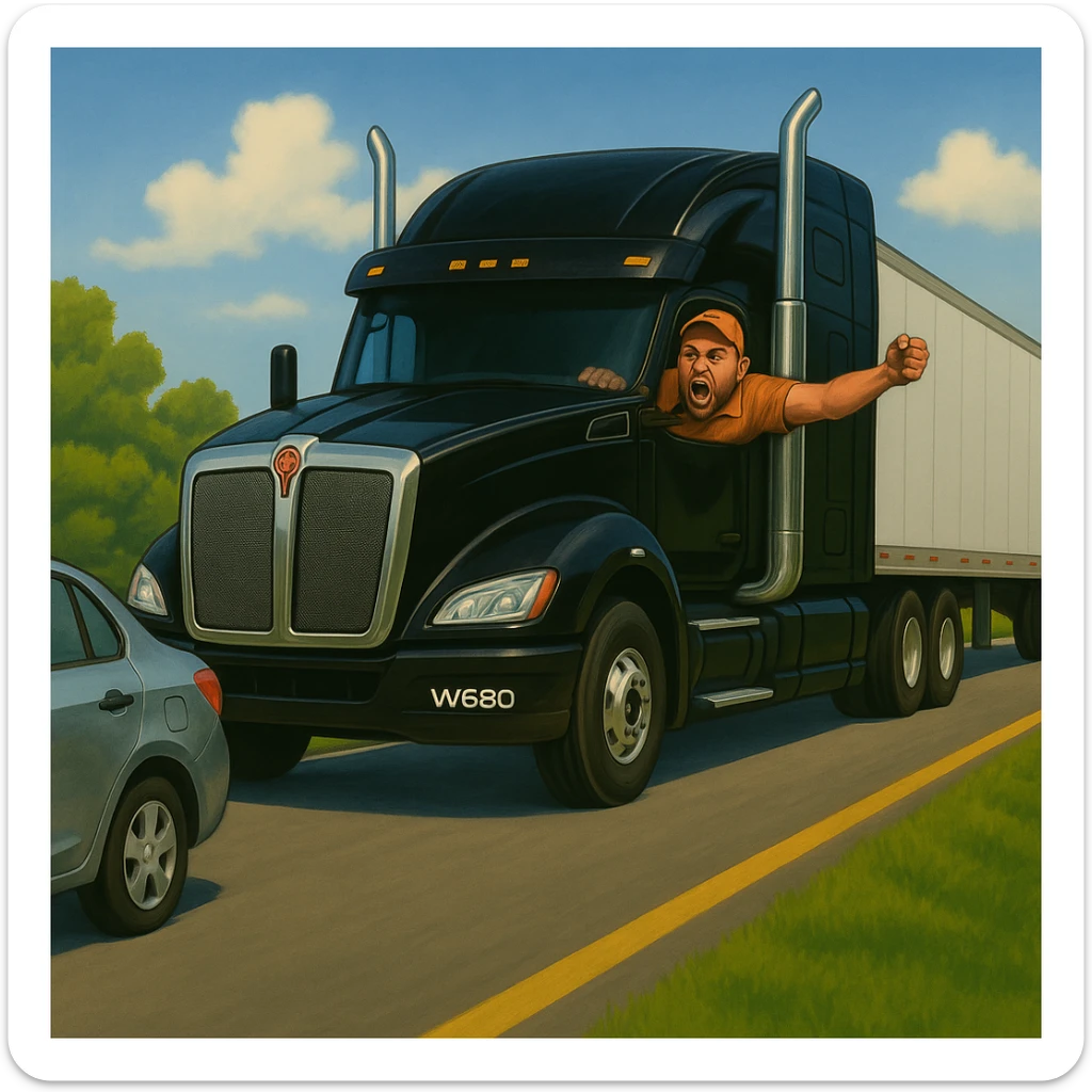 Zoom the scene out even farther, showing more of the road and landscape, with the black Kenworth W680 semi truck featuring a chrome stack, an angry bald driver wearing an orange shirt and baseball cap with his arm out the window, following a car. The scene should remain bright and vibrant. sticker