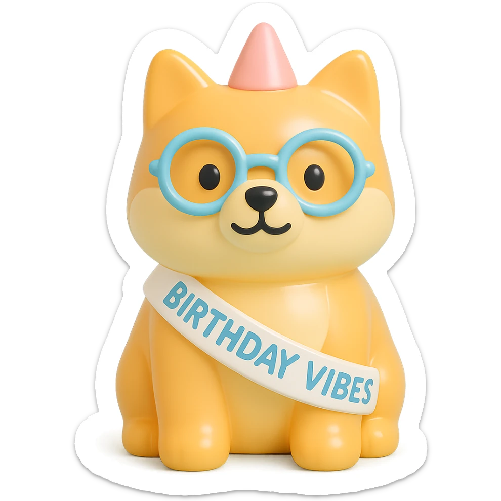 Shiba Inu wearing a "Birthday Vibes" sash and glasses, vinyl figure style, transparent background sticker