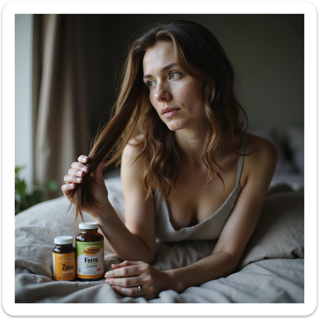 hyperrealistic 4K detailed image of a woman with PCOS, hair falling and holding a lock of hair, fragile and broken nails, pale skin, next to her bottles of supplements labeled 'Zinco', 'Ferro', 'Biotina', domestic environment sticker