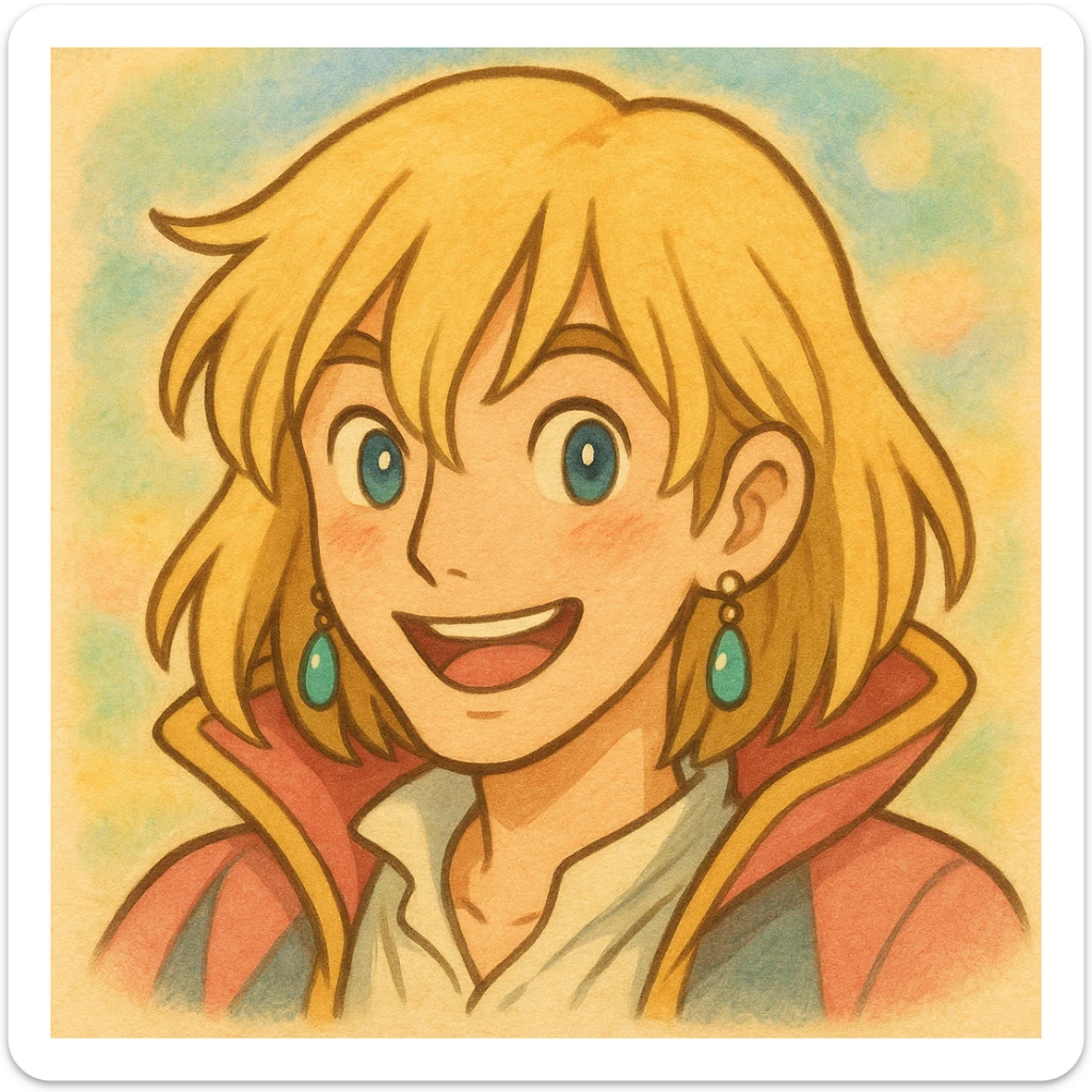 Hauru with blonde hair and earrings, Ghibli-inspired emoji sticker