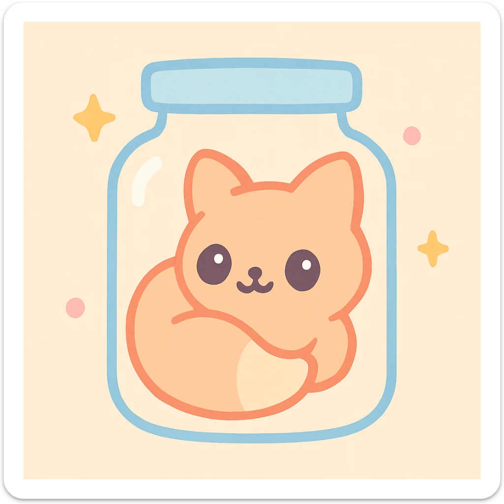 an animal curled up inside a transparent jar, cozy style, kawaii, warm colors, peaceful atmosphere sticker