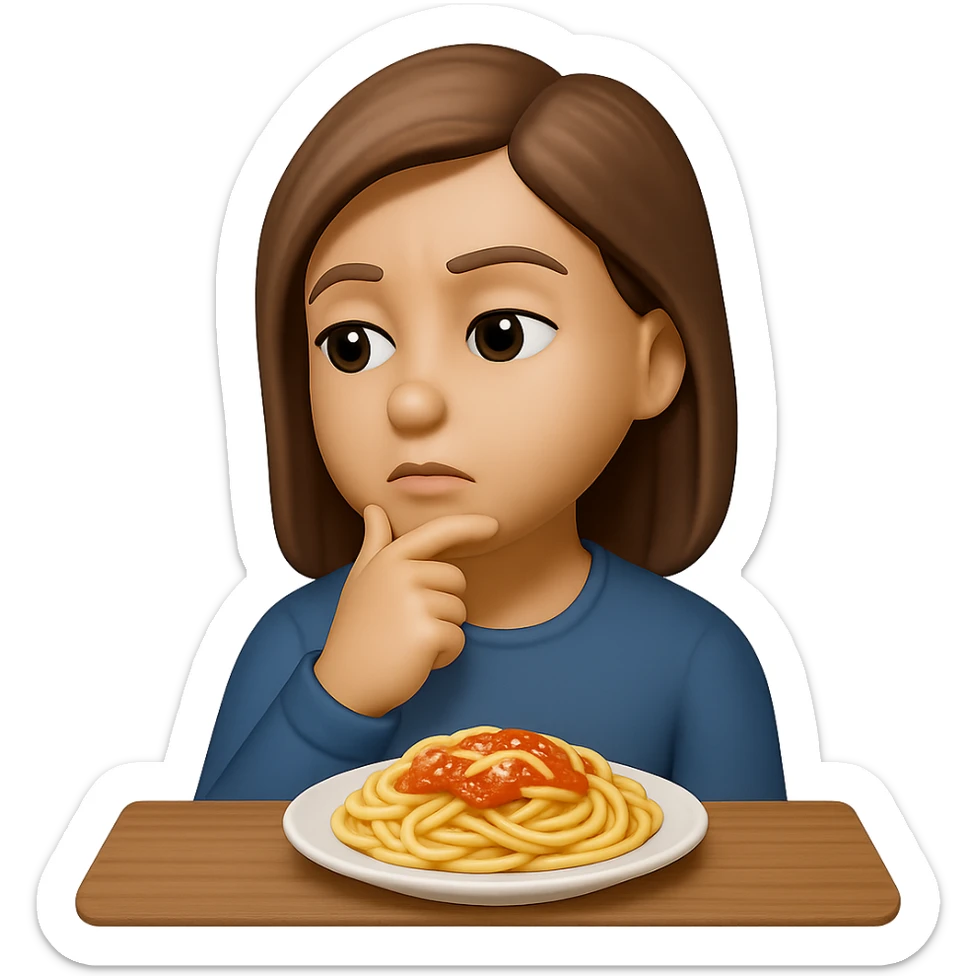 donna che guarda pensierosa un piatto di pasta, stile emoji iphone, iperrealistico 4k sticker
