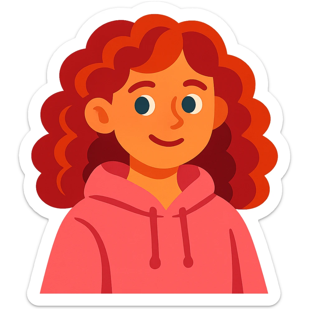 A girl with red curls and a pink hoodie sticker