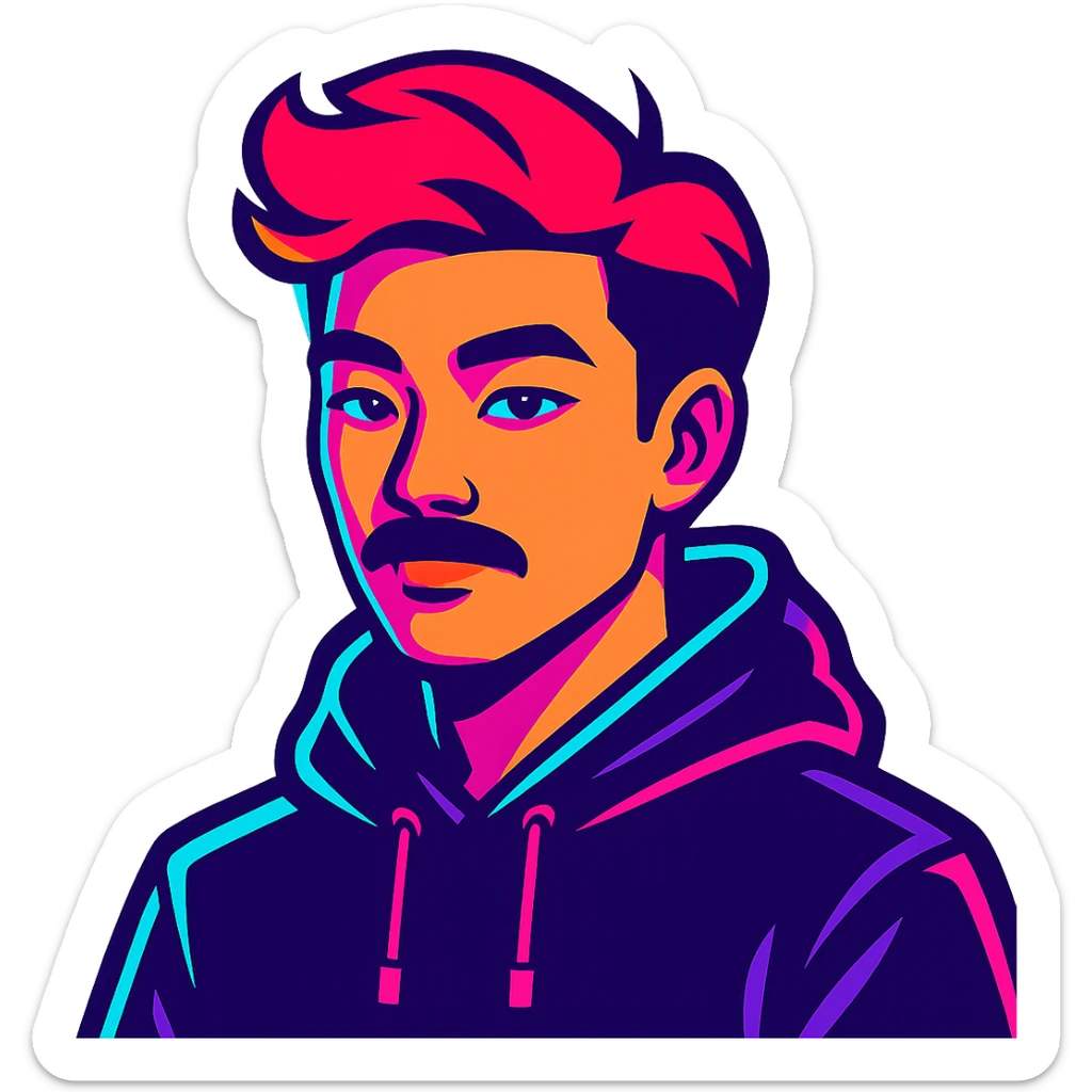 Asian man with black mustache, red hair, black hoodie, in vibrant neon-lit 80's cyberpunk anime style sticker
