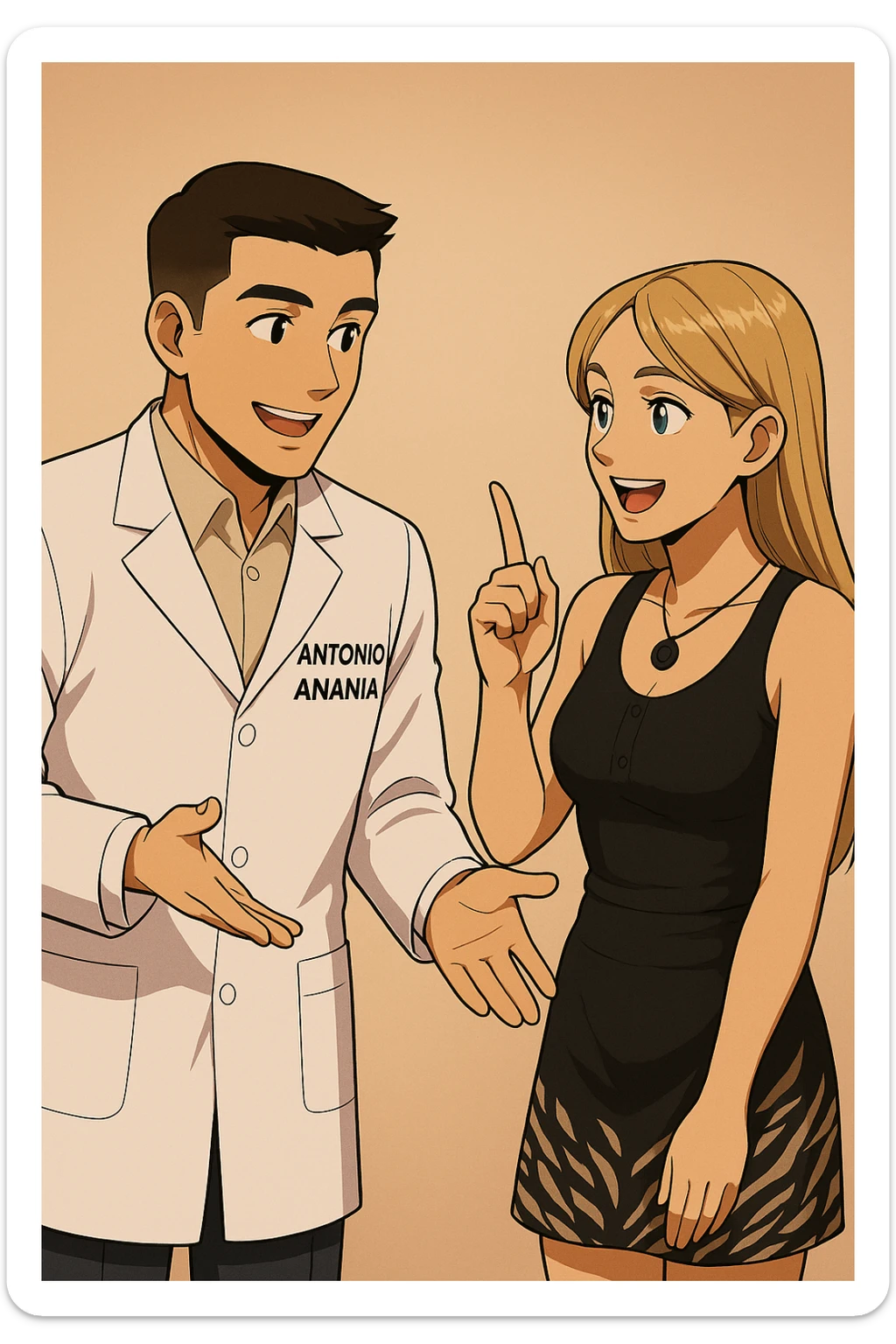 fai un webtoon/manga a colori con questo kinesiologo in camice bianco (fagli la scritta "ANTONIO ANANIA" SUL CAMICE) CHE PARLA CON QUESTA RAGAZZA CON GLI OCCHI AZZURRI. la ragazza lo guarda entusiasta con un indice alzato, IL KINESIOLOGO ha un espressione felice e la aspetta a braccia aperte. NON FARE I FUMETTI, FAI SOLO LORO COME SE DIALOGASSERO sticker