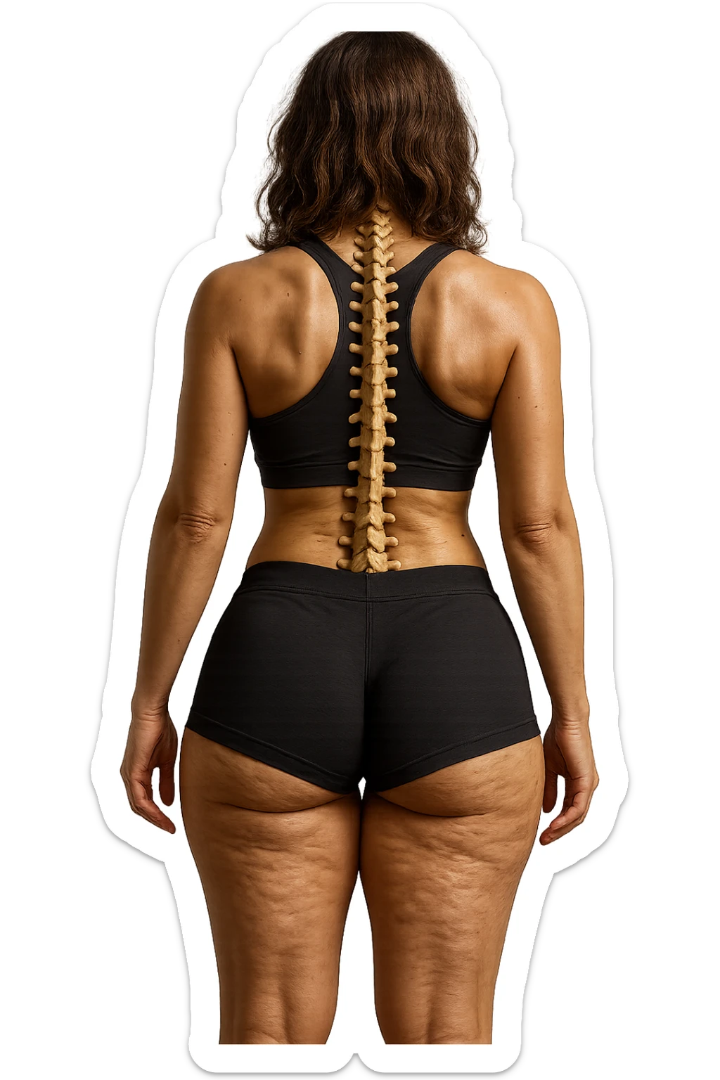 donna fitness di spalle in gym shorts con la cellulite sulle cosce, spina dorsale anatomica in evidenza, iperrealistica 4k sticker