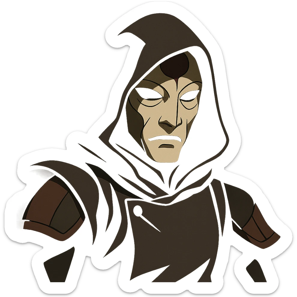 Amon from The Legend of Korra, masked and hooded, dramatic shadowy cartoon style sticker