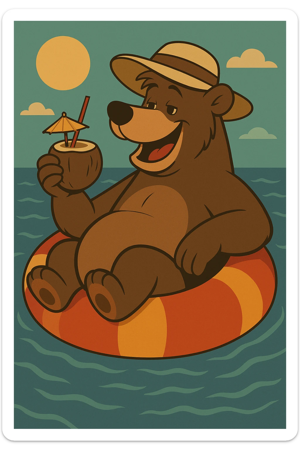 Add a sunhat to Baloo the bear as he floats on an inflatable in the sea, keeping the fun vacation vibe and the vibrant flat toon cartoon style with lively colors. sticker