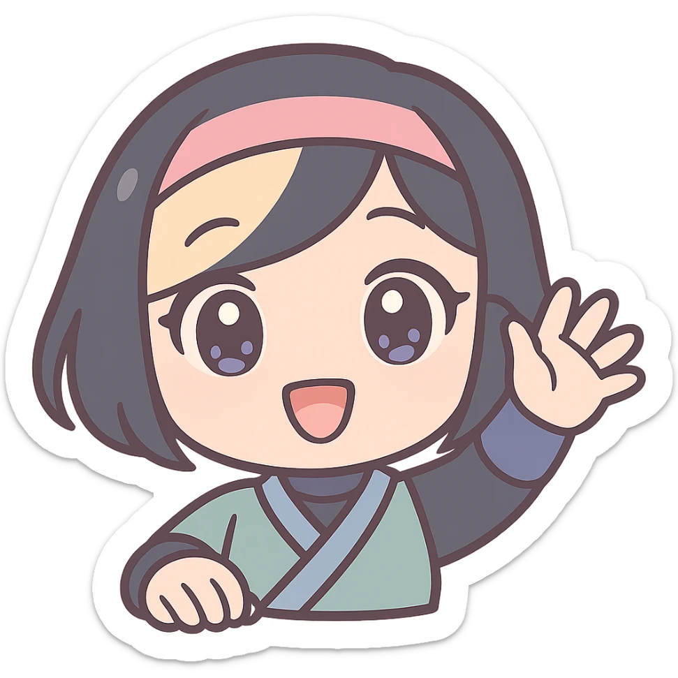 Sexy anime chibi style: kawaii chibi ninja girl with black short hair and a blonde streak, only head and arms, big sparkling anime eyes, rounder face, small mouth, soft shading, pastel colors, clean outlines, transparent background, no mask, hand fully raised, waving, smiling, subtle sexy charm, sized for Twitch emoji use. sticker