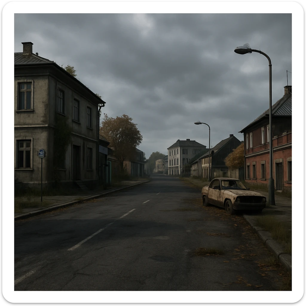 a view of the city street in a videogame: DayZ - in the town of berezino [no text contained in the image] sticker