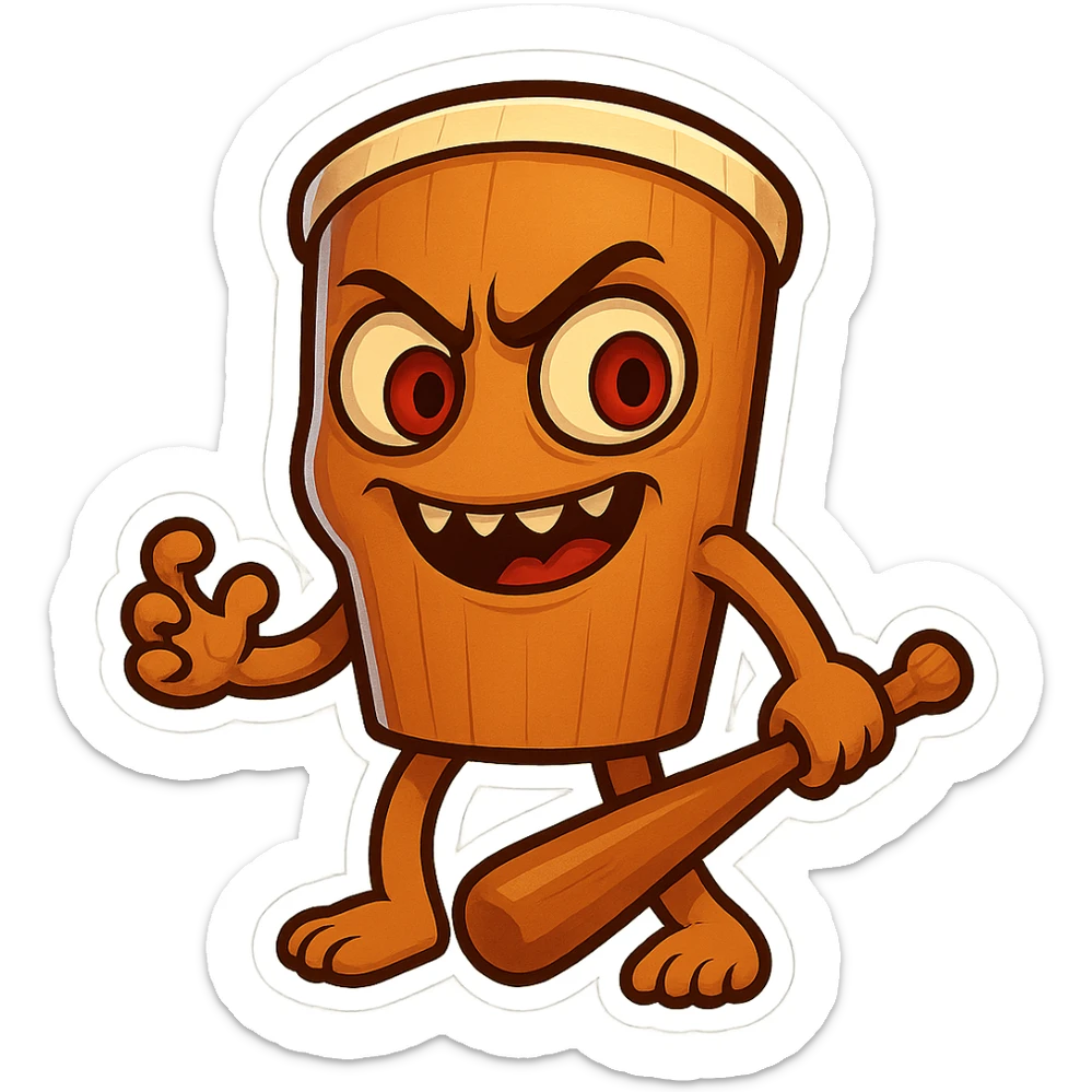 chibi emoji of Tun Tun Suhoor, wooden stick body with smooth brown texture, drum-like cylindrical body, holding baseball bat, cartoon style, bright vivid colors, expressive face, dynamic pose, a bit creepy yet funny,  sticker