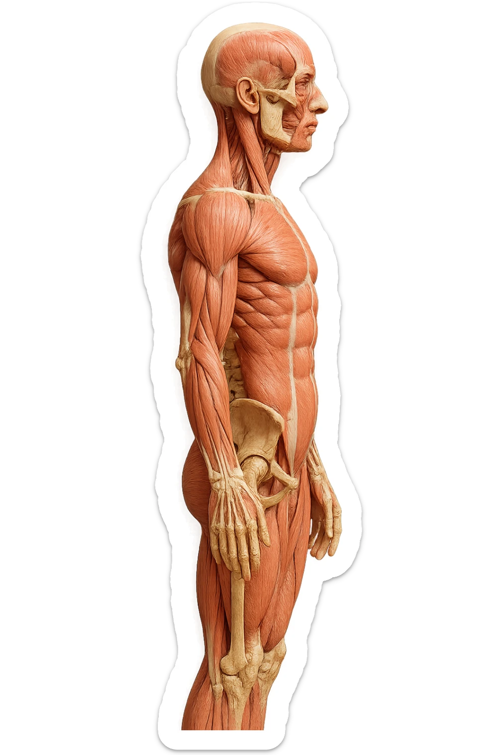 CORPO UMANO ANATOMICO REALISTICO DI PROFILO CON CURVA LOMBARE PIATTA, iperrealistico 4k sticker