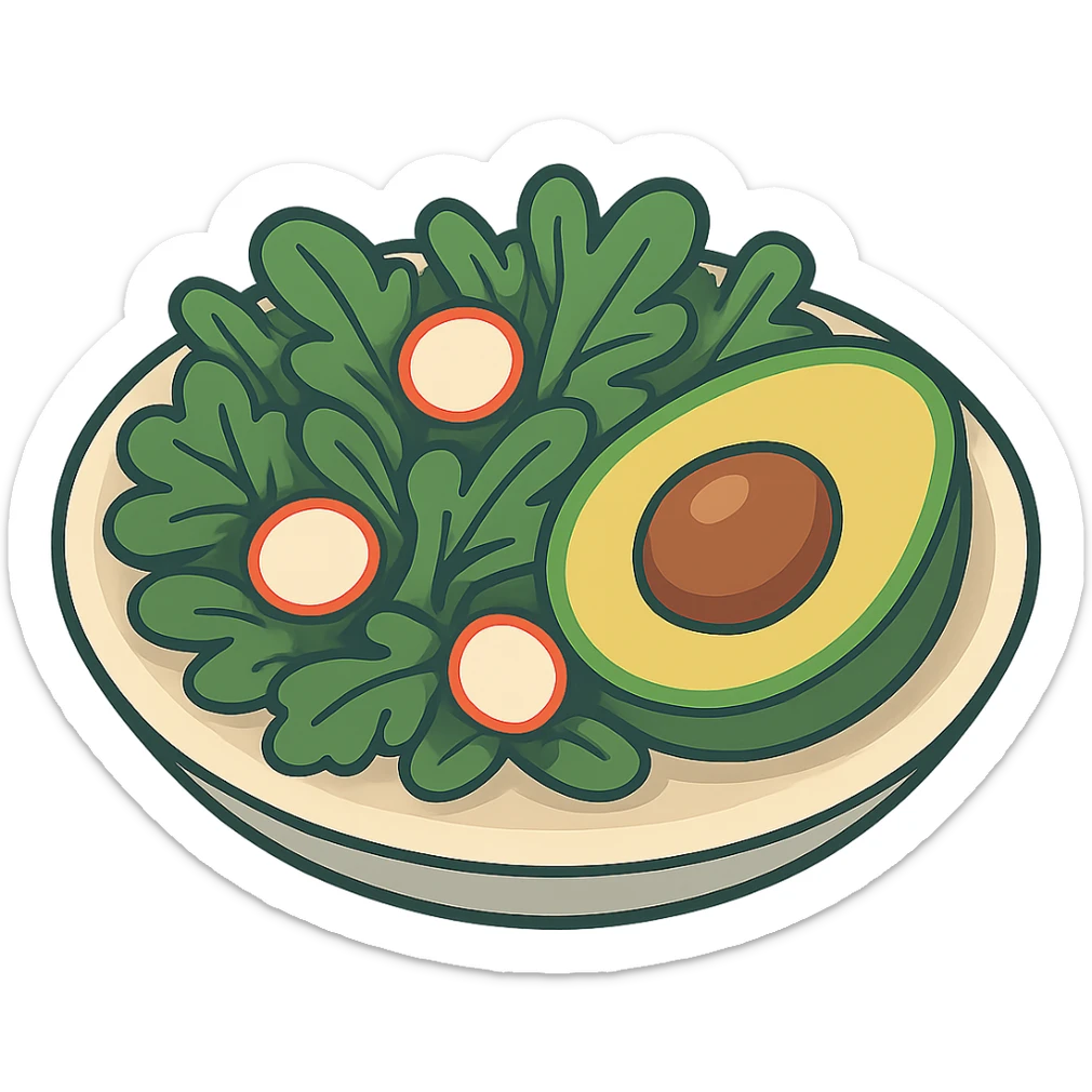 Edit the image to show the avocado as a halved avocado with the pit visible, keep the rest of the plate the same, in 2D isometric illustration style, with no background. sticker