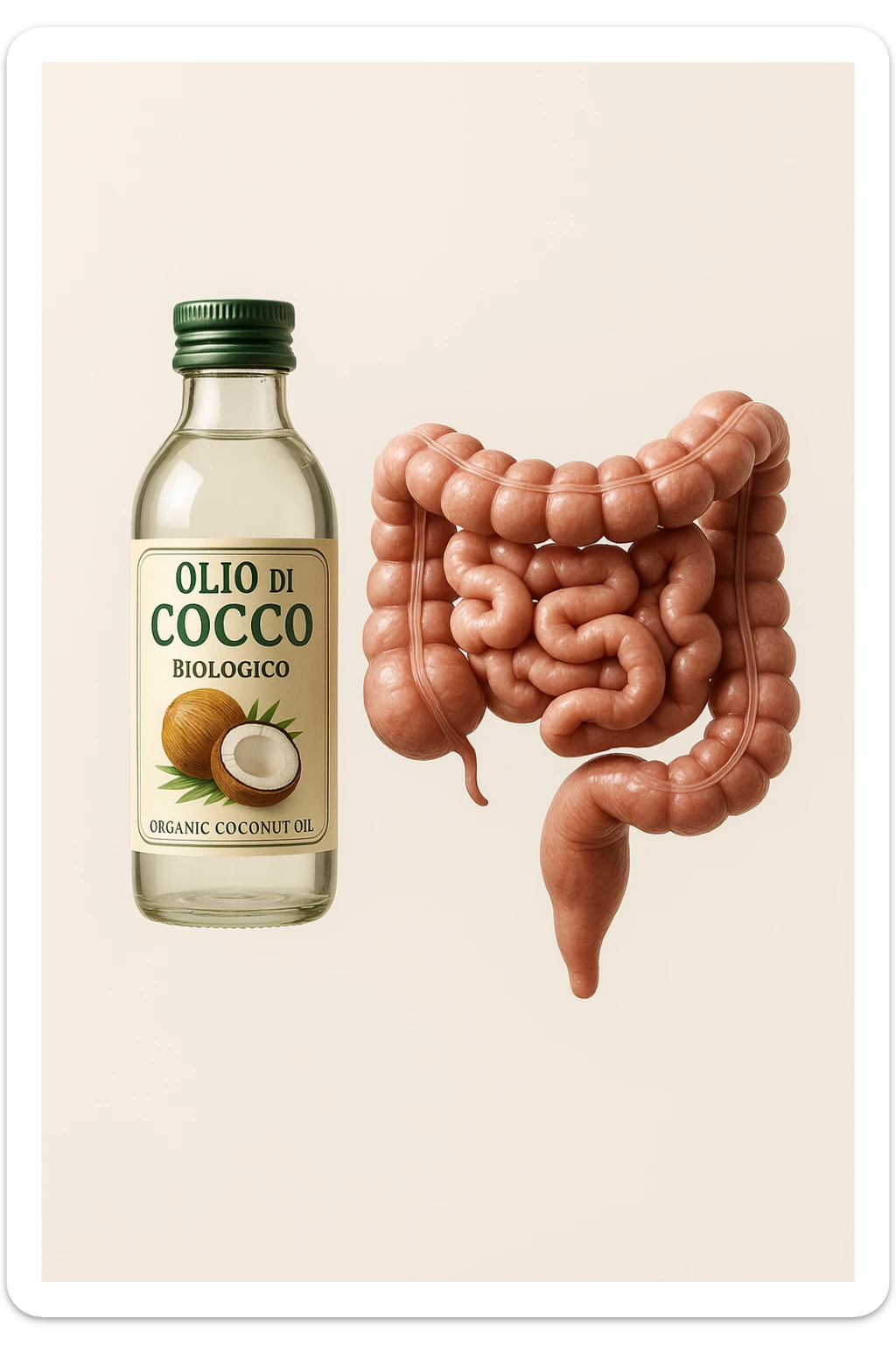 BOCCETTA DI OLIO DI COCCO BIOLOGICO (FAI UN ETICHETTA SUL PRODOTTO IN ITALIANO) CHE FLUTTUA IN ARIA INSIEME A UN INTESTINO UMANO ANATOMICO IN PERFETTA SALUTE, SFONDO CHIARO, iperrealistico 4k sticker