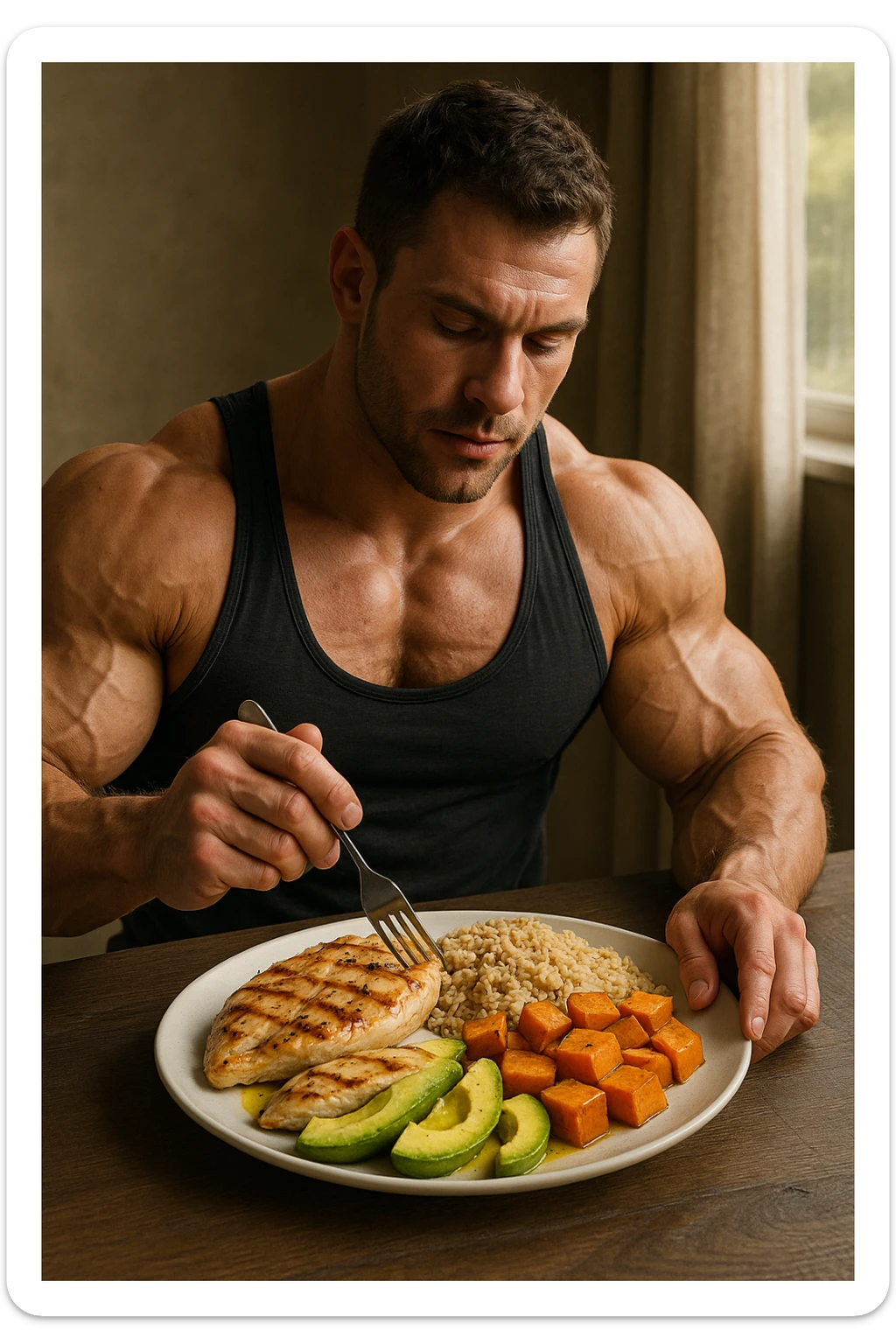 realistic scene of a muscular bodybuilder eating a balanced meal for muscle hypertrophy, plate rich in proteins, carbohydrates, and healthy fats, muscular physique, natural details, 2:3 aspect ratio sticker