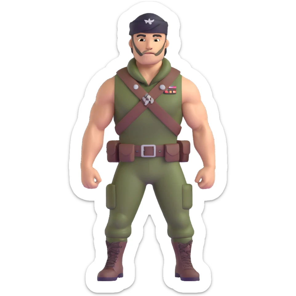 Carl Weathers as Dillon from Predator movie, muscular man in military gear with bandana sticker