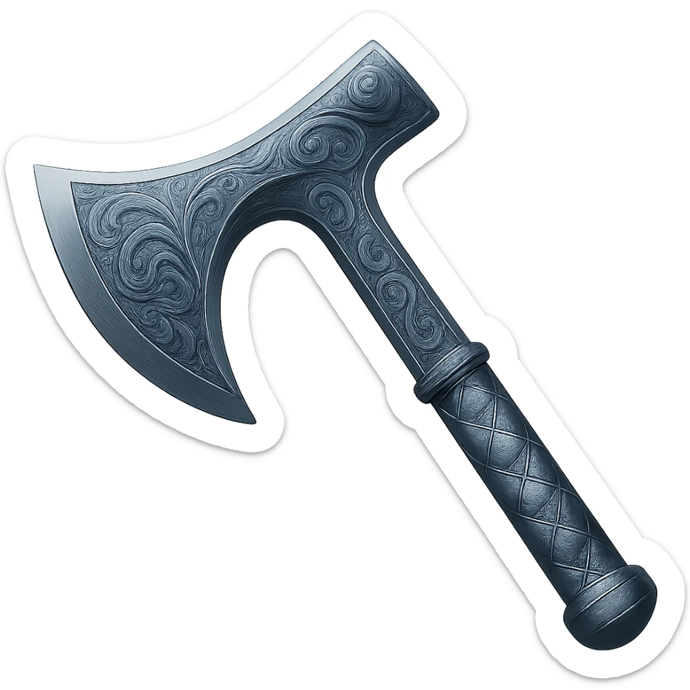 Recolor this weapon to match the blueish-gray steel color and ornate engravings of the reference helmet. Emphasize the cool metallic finish and detailed engravings, matching the helmet exactly. Transparent background. The style should reflect a cool metallic look with detailed engravings as seen in the helmet reference. sticker