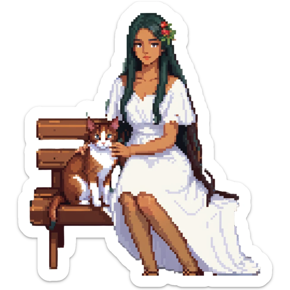 beautiful girl with long black hair in a white dress holding an Abyssinian cat with reddish-brown fur, sitting on a bench sticker