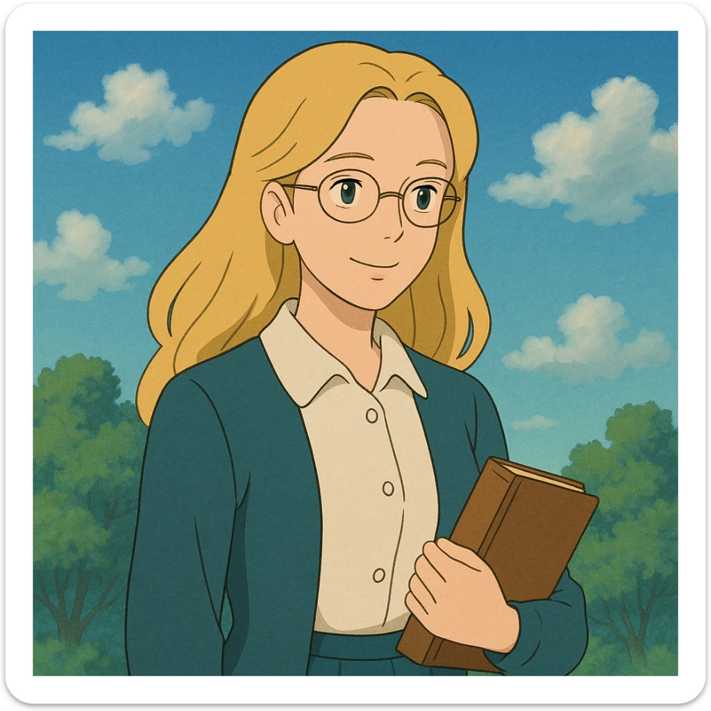 profesora rubia de pelo largo, piel clara, estilo ghibli sticker