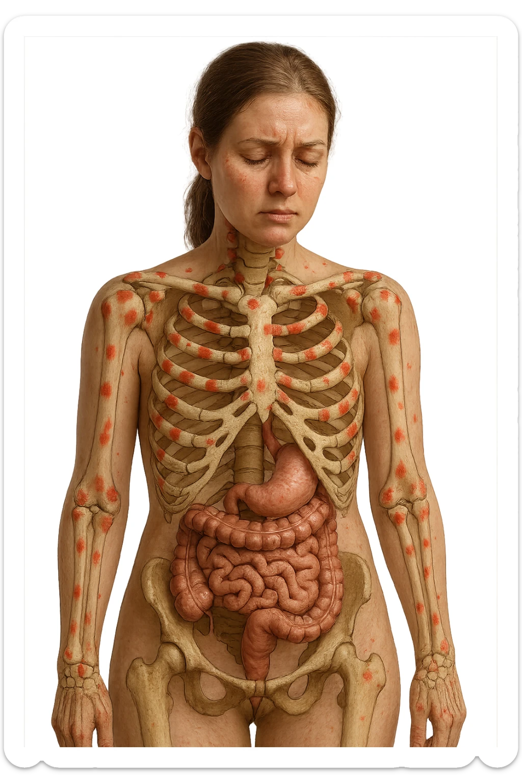 corpo umano anatomico di una donna affetta da fibromialgia, intestino anatomico realistico e red spot sparsi sulle sue ossa, iperrealistica 4k sticker