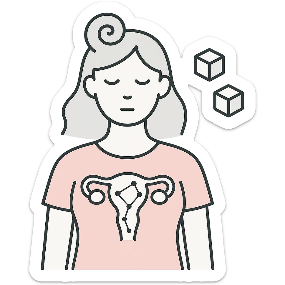 medical minimalist illustration of a female outline in pastel palette filled with abstract PCOS features including spiraling hair, sugar cubes, constellation ovaries sticker