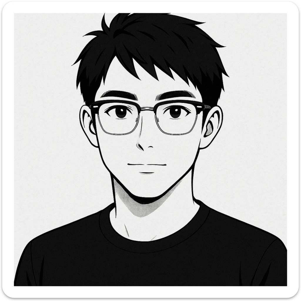 Create a half portrait in black and white anime style of an Asian male age 25, wearing Ray-Ban half frame glasses and a black t-shirt. Maintain the anime aesthetic with clear facial features and the specified accessories. sticker