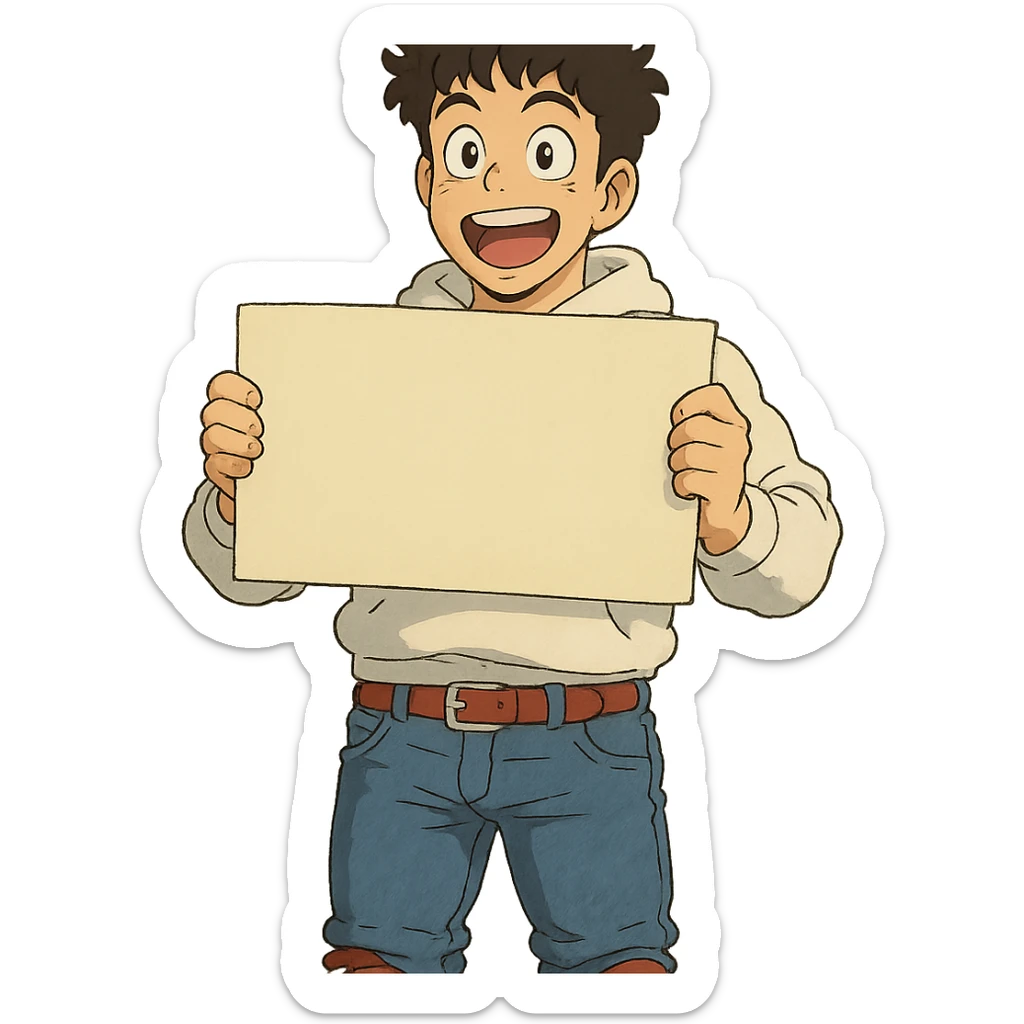 1 male, mid fade haircut dark chestnut brown curly hair, toasted lightskin, white hoodie sleeves up, fashion jeans, red fashion-sneakers shoes, red belt, short trimmed beard and goatee,  style of deku from "my hero academia", pose: holding a blank poster shoulder level, the image is framed from the waist to above the top of the head, facial expression is excited sticker