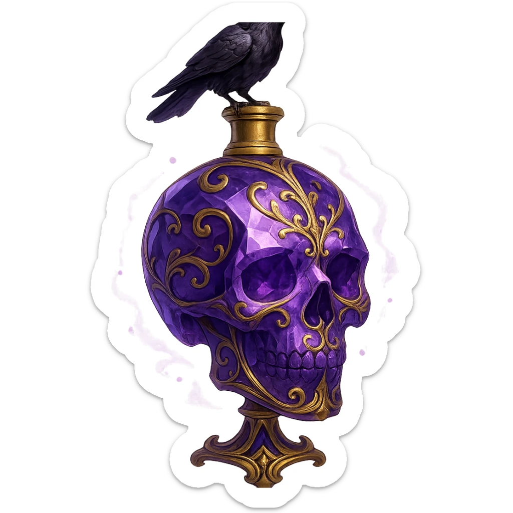 luxurious crystal elixir bottle in the shape of a skull, violet color, lots of glowing, facets, ornaments, golden details, magical effects, very small golden neck, transparent background, beautiful connected base, clearly floating in the air, no base or shadow, small crow sitting on top of the bottle, premium class design, matching the collection sticker