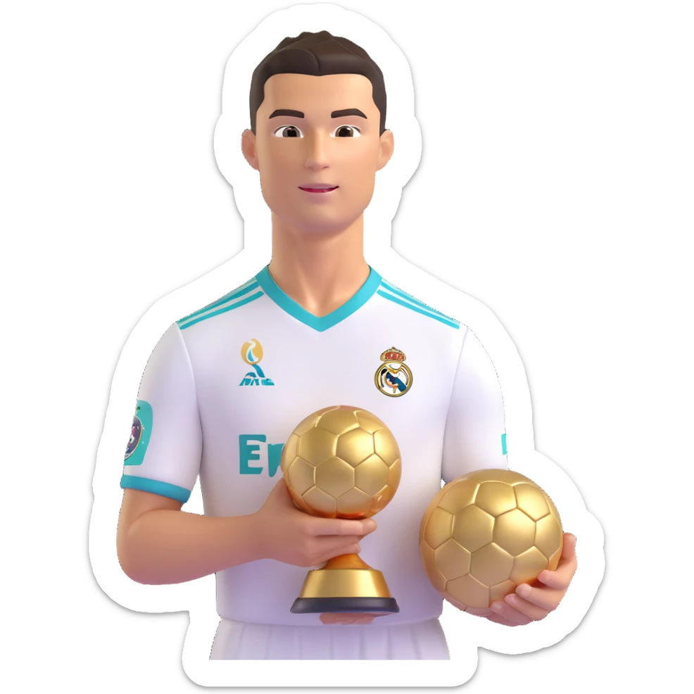Cristiano Ronaldo in Real Madrid soccer uniform holding the Golden Ball trophy sticker