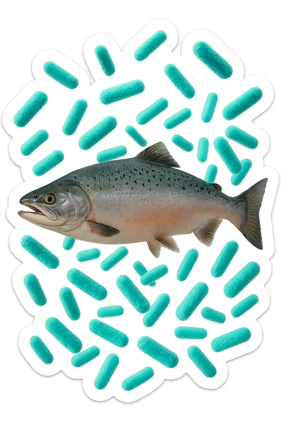 batteri intestinali rosa salmone e turchesi fluttuano in aria, iperrealistici 4k sticker