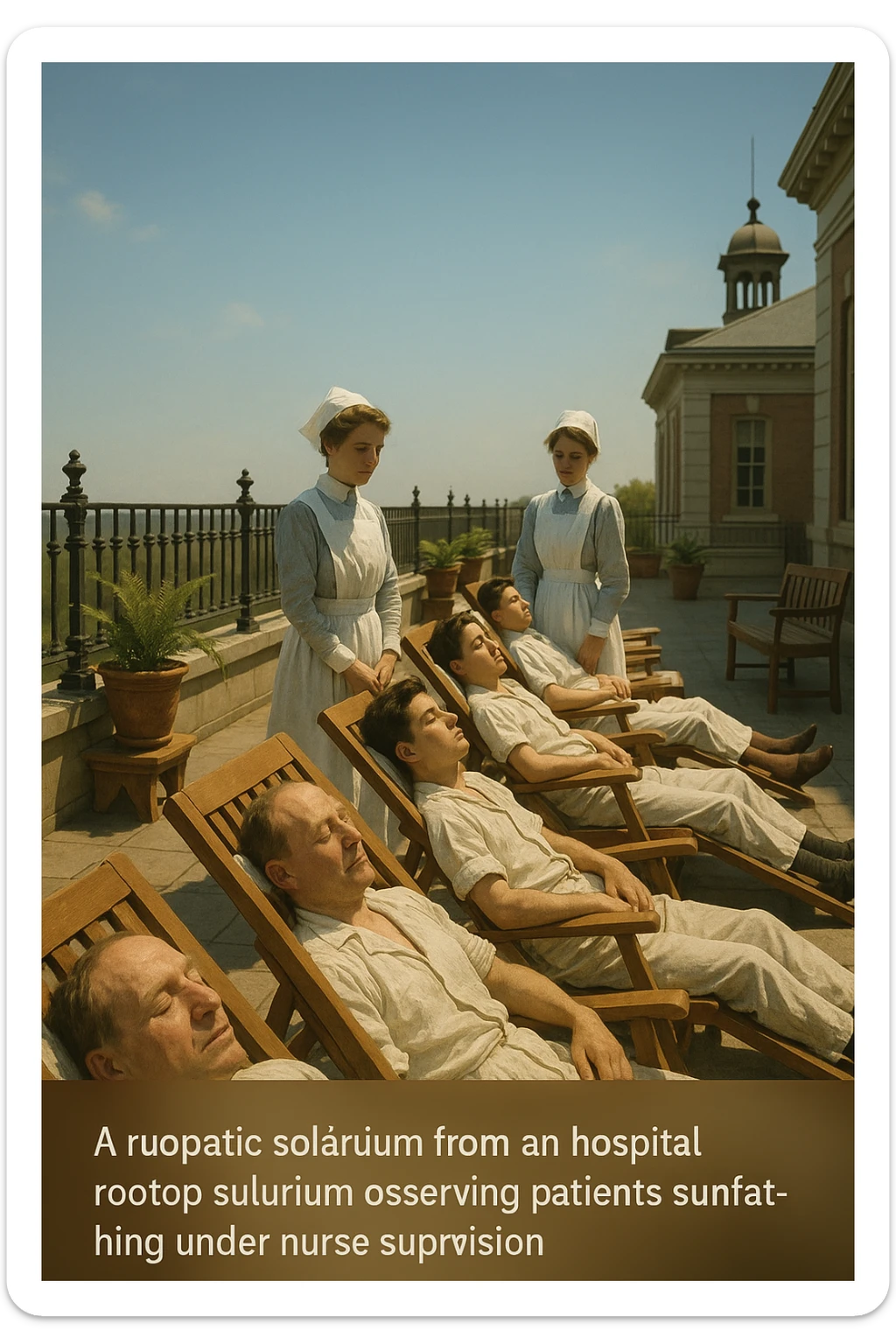 A realistic cinematic image of a hospital rooftop solarium from the 1900s, patients sunbathing under nurse supervision for heliotherapy against tuberculosis and rickets. sticker