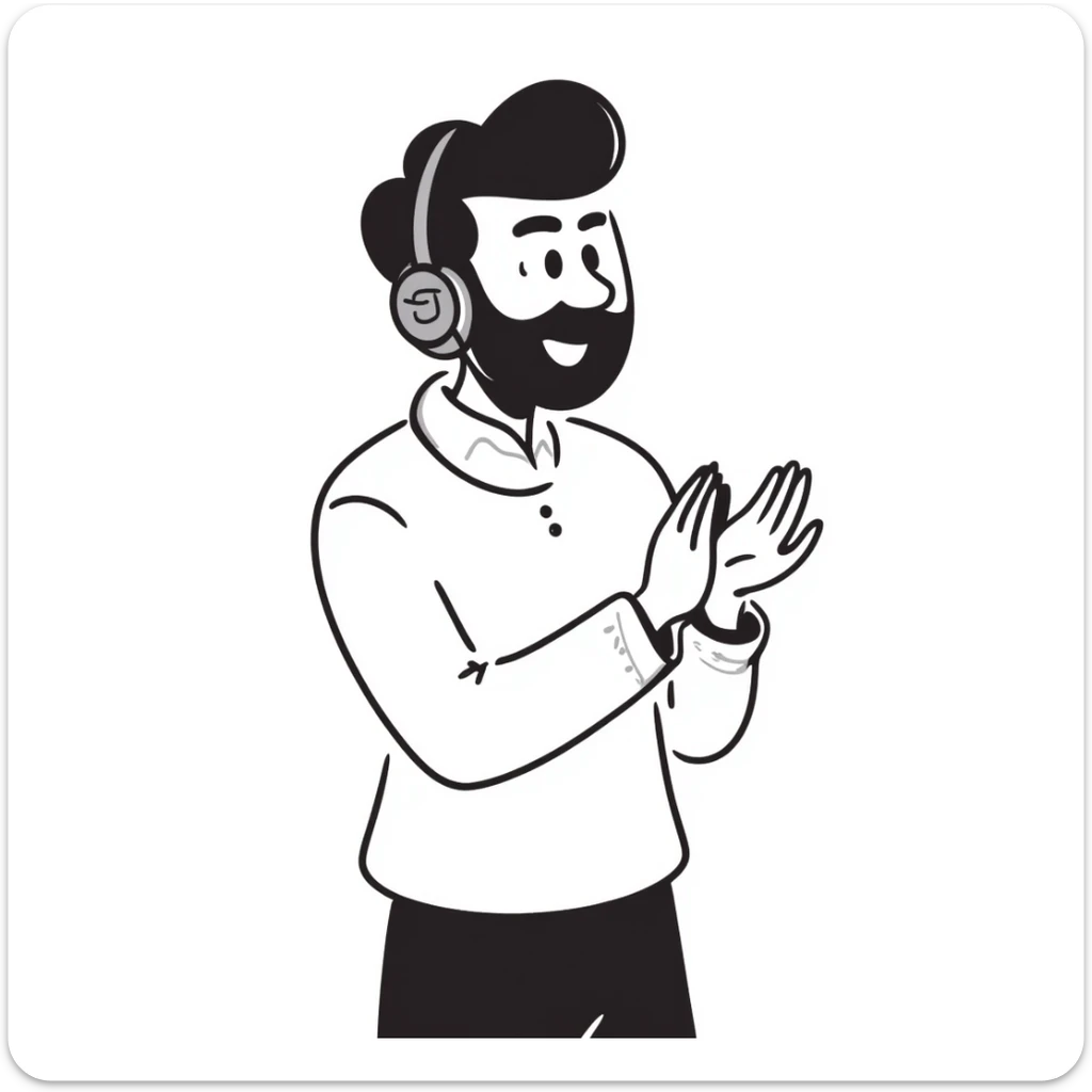 Anime style man with black hair, brown eyes, and black beard wearing gaming headset and clapping in celebration, anime art style sticker
