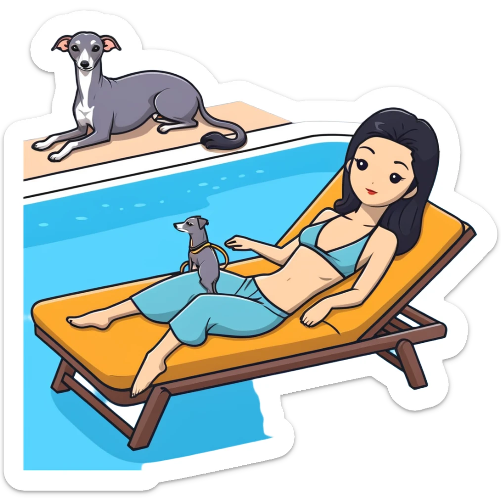 Very thin and slim Chinese woman with long black hair in elegant pool attire relaxing on a comfortable spa lounger at a luxury spa pool with her Italian greyhound that is COMPLETELY solid dark grey with ABSOLUTELY ZERO white markings anywhere - 100% uniform dark grey color only - also relaxing on a lounger sticker