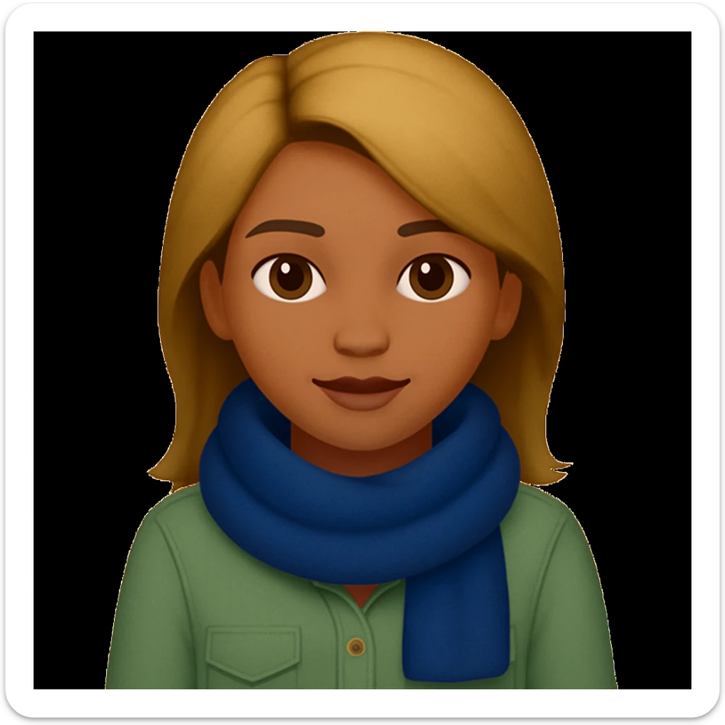 Edit the image of a girl with wheatish complexion, light green shirt, and jeans to change the scarf color to blue. Keep the rest of the image the same. The original style is emoji style, so maintain a simple and clean emoji-like appearance. sticker