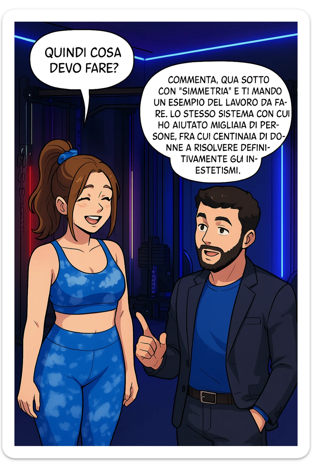 TRASFORMA QUESTO CAROSELLO IN UN FUMETTO STILE WEBTOON/MANGA A COLORI CON QUESTE DUE PERSONE IDENTICHE CHE INTERLOQUISCONO TRA LORO, LA DONNA SEMBRA SOLLEVATA/SODDISFATTA E CONTENTA:

LEI (DONNA): Quindi cosa devo fare?
LUI (UOMO): Commenta, qua sotto, con “simmetria” e ti mando un esempio del lavoro da fare. Lo stesso sistema con cui ho aiutato migliaia di persone, fra cui centinaia di donne a risolvere definitivamente gli inestetismi. sticker