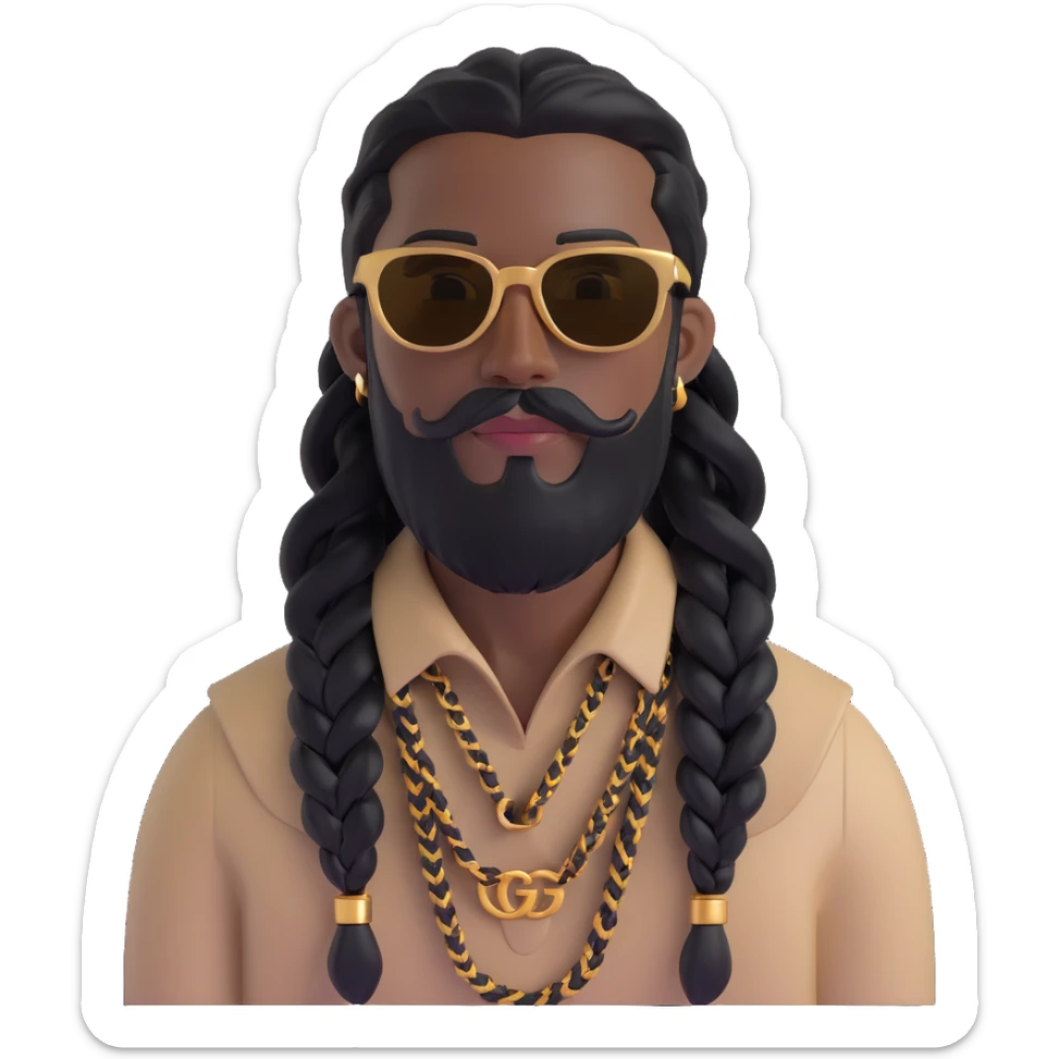 3D emoji man with medium to dark skin tone, long black hair in tight braids, connected beard and mustache, rectangular gold sunglasses, light beige Gucci top with GG pattern, visible collar sticker