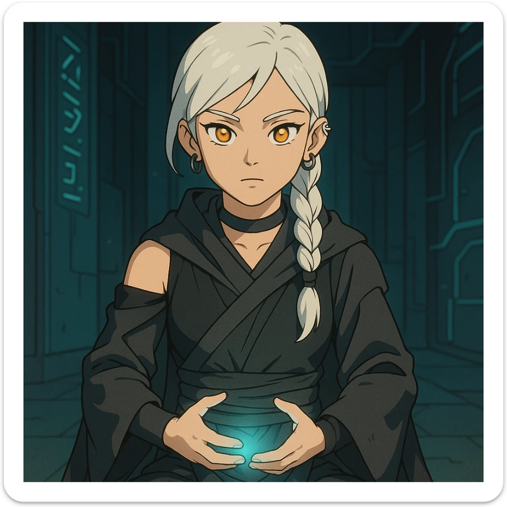  a closeup portrait of young woman with gold yellow eyes, white hair, long braid, black off-shoulder top, punk gothic style, futuristic cyberwave cyberpunk,  jedi attire, kneeling and gathering chi, jedi meditate sticker