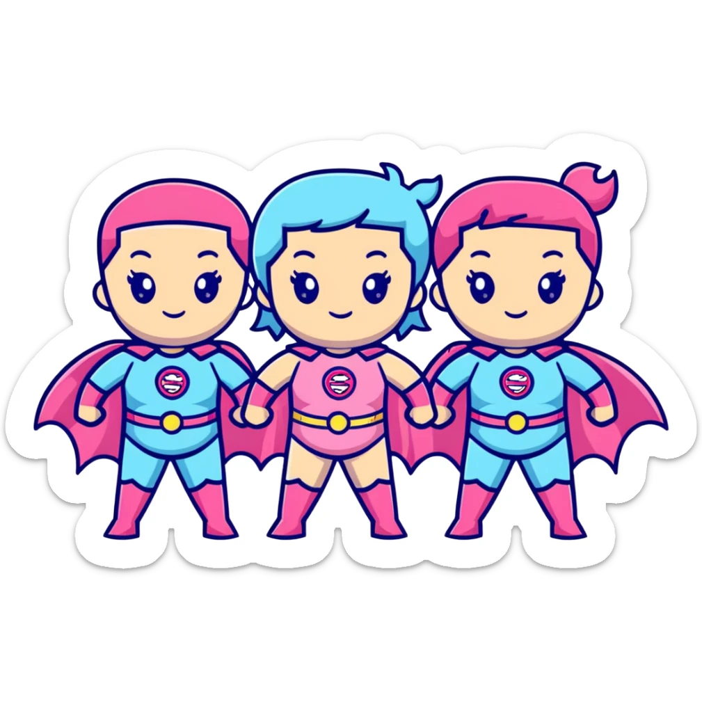 three cute superhero girls with powers - one in light blue costume, one in pink costume, and one in light green costume sticker