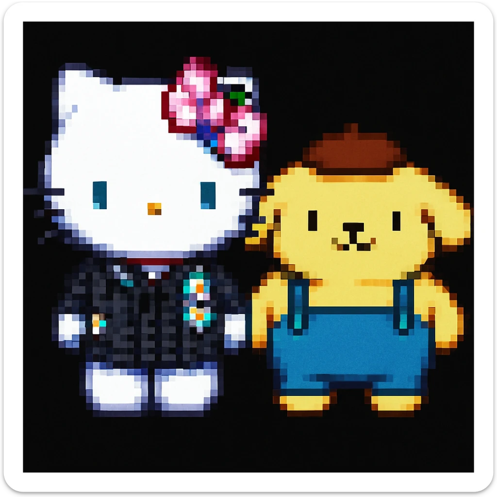 Add a friend to Hello Kitty in the style of pixel art sticker